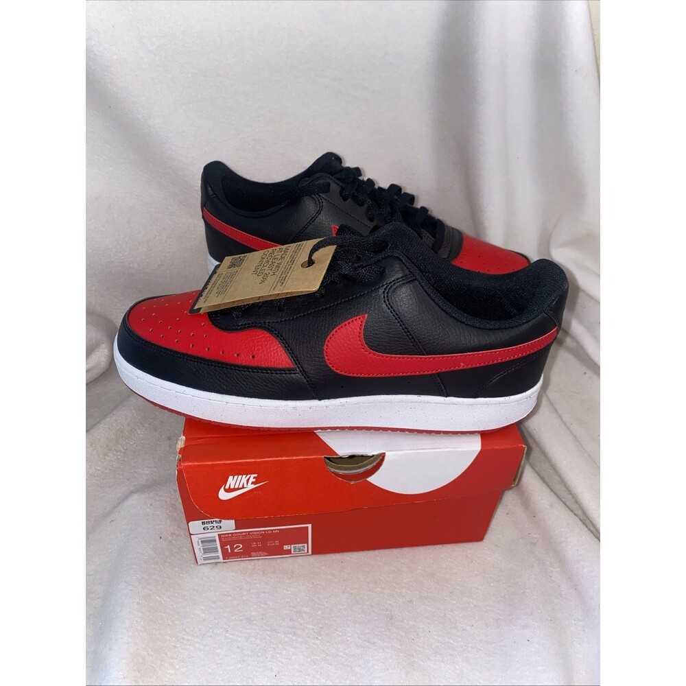 Nike Court Vision Shoes Men 12 Black Red Sneakers FJ0685-010 New Gym leather